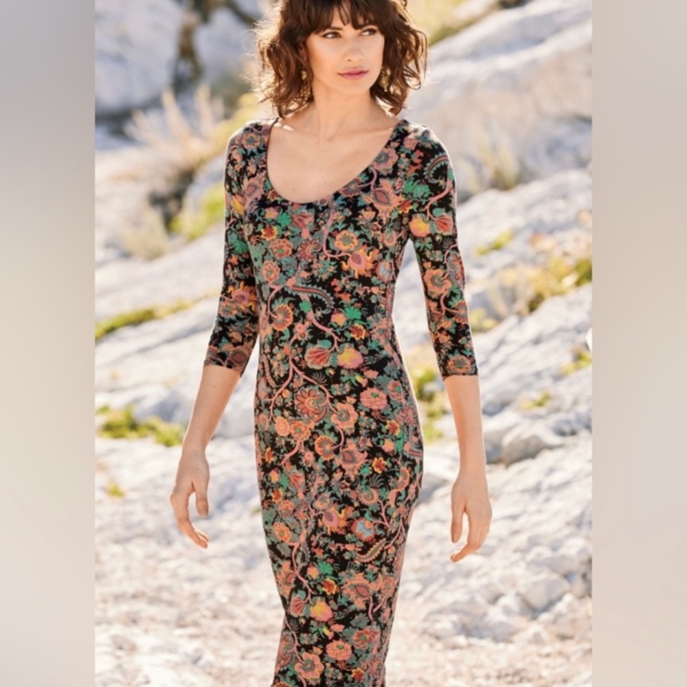 Peruvian Connection Multi-Color Floral Scoop-Neck Midi Dress